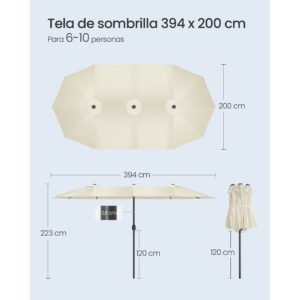 Sombrilla de Jardín 394 x 200 cm, Sombrilla Doble, Extra Grande, Protección UPF 50+, con Manivela, para Terraza Aire Libre, Sin Base - Imagen 2